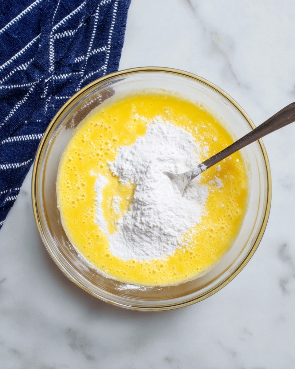 A clear glass bowl sits on a white marbled surface, containing two main layers: a bottom layer of yellow beaten eggs with a slightly frothy texture and a top layer of white flour sprinkled unevenly over the eggs. A silver spoon rests inside the bowl, partially submerged in the mixture, ready to stir. In the top left corner, there is a folded dark blue cloth with white lines. Photo taken with an iphone --ar 4:5 --v 7