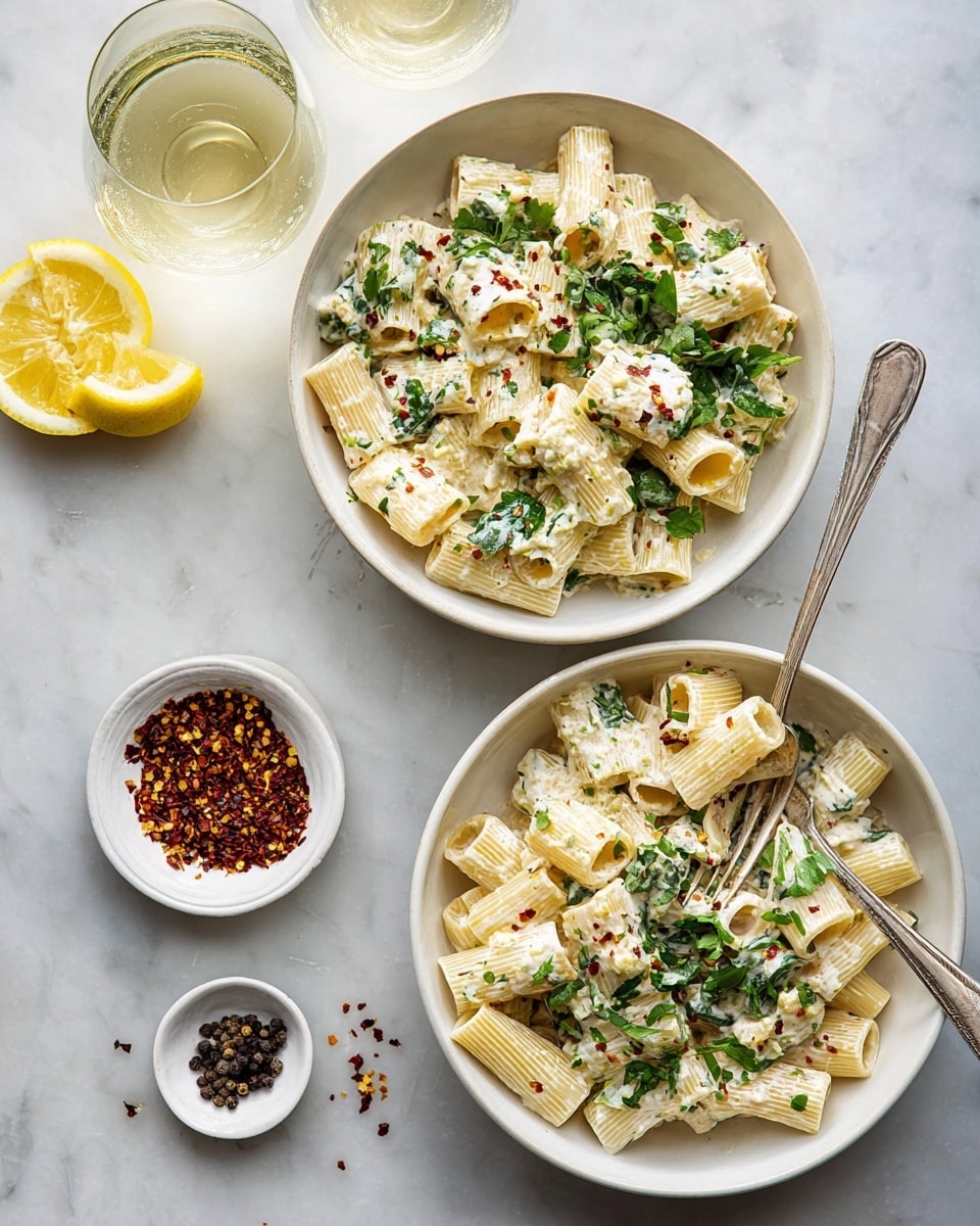 Two white bowls filled with rigatoni pasta layers sit on a white marbled surface. Each bowl holds noodles coated with a thick white creamy sauce, scattered with green leafy herbs and small red specks of chili flakes. The pasta has a pale yellow color with a textured ridged surface, while the sauce looks smooth and slightly creamy. One bowl has a silver fork inside, resting on the edge. Near the bottom left of the image, two small white dishes contain crushed red chili flakes and black peppercorns. At the top left, two lemon halves show their bright yellow flesh, and a glass of pale white wine sits beside them. The overall look is fresh and inviting. photo taken with an iphone --ar 4:5 --v 7