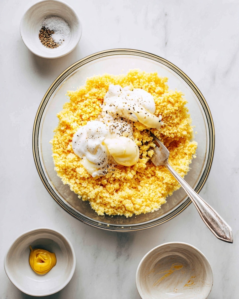 In the center of the image is a clear glass mixing bowl filled with bright yellow crumbs that look soft and slightly coarse. On top of these crumbs, there are dollops of smooth, creamy white and pale yellow substances, sprinkled lightly with black pepper and some white granules. A silver fork rests inside the bowl, its prongs partly buried in the crumbs. Around the bowl on a white marbled surface are three small white bowls; one holds a mix of salt and black pepper, another has a small amount of yellow mustard, and the last one is mostly empty with some white residue. The scene is calm and light, with clean and fresh textures. photo taken with an iphone --ar 4:5 --v 7
