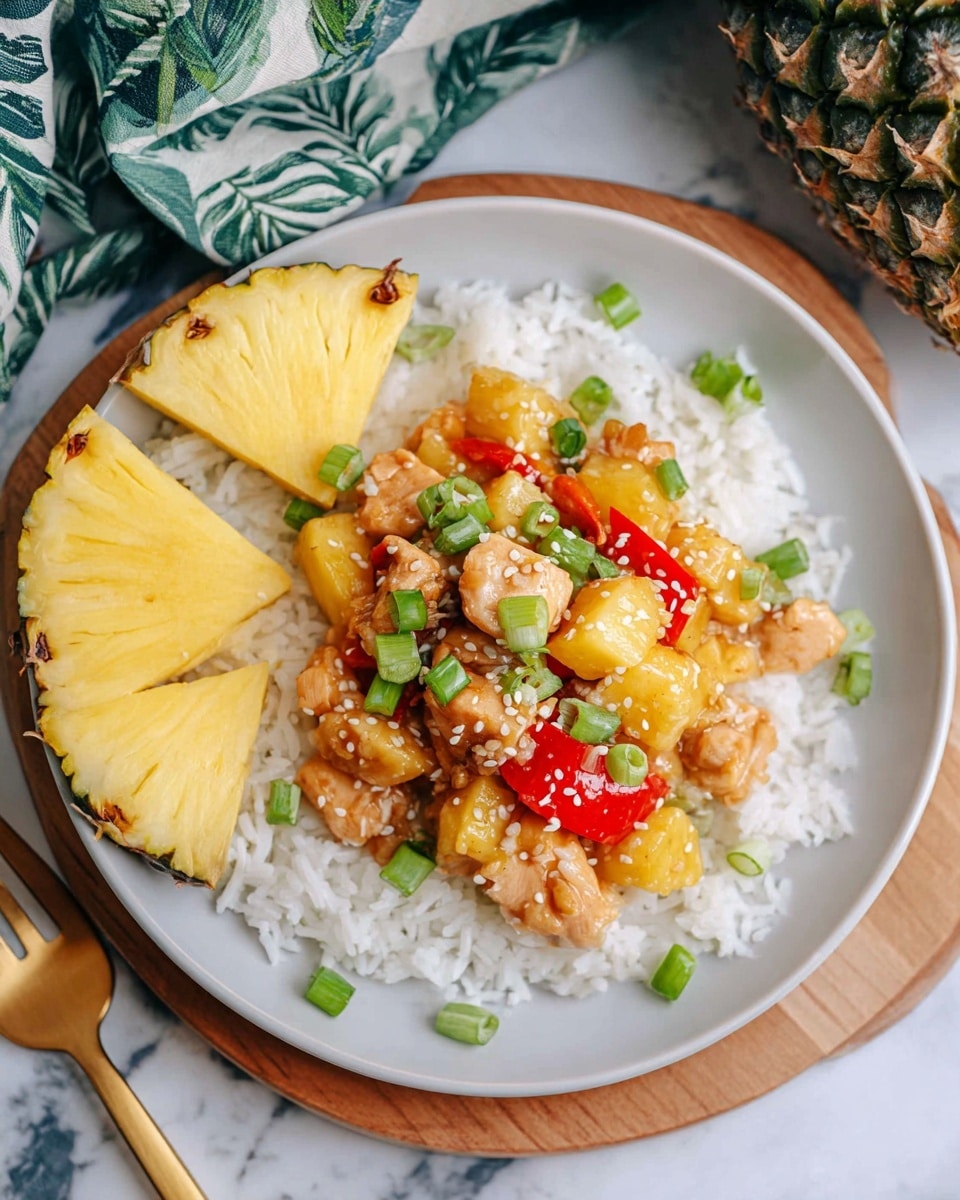The image shows a white plate with three layers of food: the base is white rice, the middle layer is diced cooked chicken mixed with yellow pineapple chunks and red bell pepper pieces, and the top layer is sprinkled with chopped green onions and white sesame seeds. On the side of the plate, there are two triangular slices of fresh yellow pineapple with green edges. A gold fork is placed at the bottom left side of the plate. The plate is set on a wooden board, which is on a white marbled surface with a leafy cloth partially visible in the background. Photo taken with an iphone --ar 4:5 --v 7