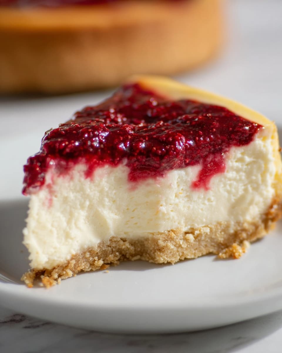 The image shows a close-up of a cheesecake slice on a white plate with a white marbled surface underneath. The cheesecake has three clear layers: the bottom layer is a crumbly light brown crust, the middle layer is a thick, creamy off-white cheese filling with a smooth and slightly porous texture, and the top layer is a glossy, dark red raspberry topping that looks textured with visible fruit seeds. The slice is missing a small piece, showing the layers clearly from the side. Photo taken with an iphone --ar 4:5 --v 7