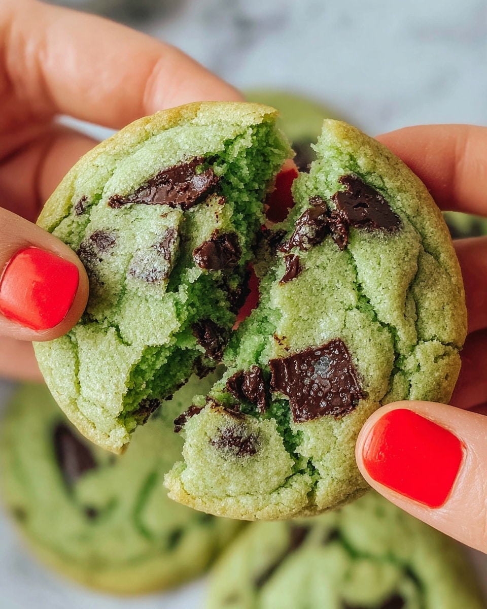 A close-up view shows a round green cookie with dark brown chocolate chunks baked inside. The cookie's texture is soft and slightly crumbly with cracks on its surface. A woman's hand with bright red nail polish gently breaks the cookie in half, revealing the inside. Below the cookie, a few more green cookies with the same texture and color are slightly visible. The background surface is a white marbled texture. Photo taken with an iphone --ar 4:5 --v 7