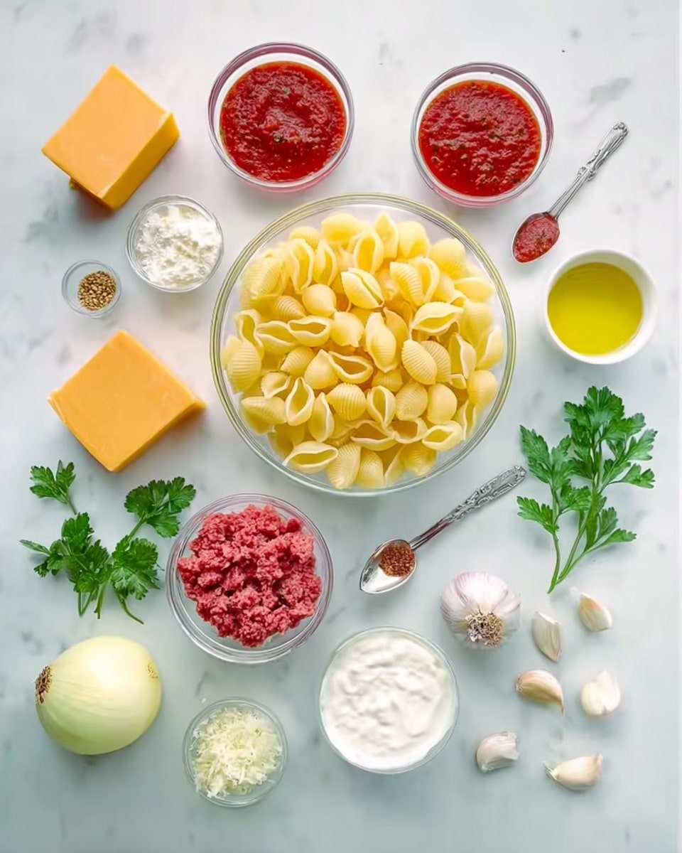 The image shows an overhead view of a white marbled surface with various ingredients arranged neatly. In the center, there is a clear glass bowl filled with uncooked shell pasta, creamy yellow in color. Around it, there are smaller glass bowls and measuring spoons holding red tomato sauce, finely chopped raw red meat, white cream, and mixed herbs. A block of orange cheese, fresh green parsley sprigs, white granulated salt, olive oil in a small white bowl, a peeled yellow onion, and some garlic cloves are also placed carefully. All items are spaced evenly, creating a clean and organized look. Photo taken with an iphone --ar 4:5 --v 7