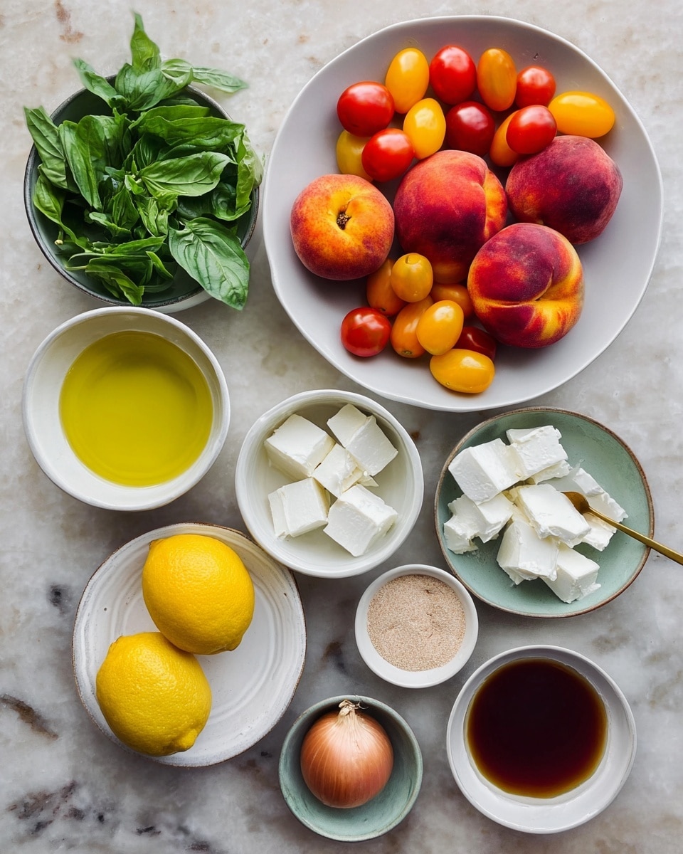 The image shows several white bowls and plates arranged on a white marbled surface. At the top right, a white bowl holds many red and yellow cherry tomatoes. Below it, a white plate contains three round peaches with red and yellow skin. To the left, a small white bowl is filled with dark green basil and mint leaves. Above that, a white plate holds a halved lemon with bright yellow flesh and a small shallot with reddish skin. Near the bottom left, a white bowl has golden olive oil. Toward the center, another white bowl contains white chunks of soft cheese. Near it, a small white bowl holds a light brown powder, and another small bowl next to it contains a golden honey spoon. At the bottom right, a small white bowl has a dark amber liquid, probably vinegar. All the items are placed neatly, showing a fresh and colorful ingredient arrangement. Photo taken with an iphone --ar 4:5 --v 7
