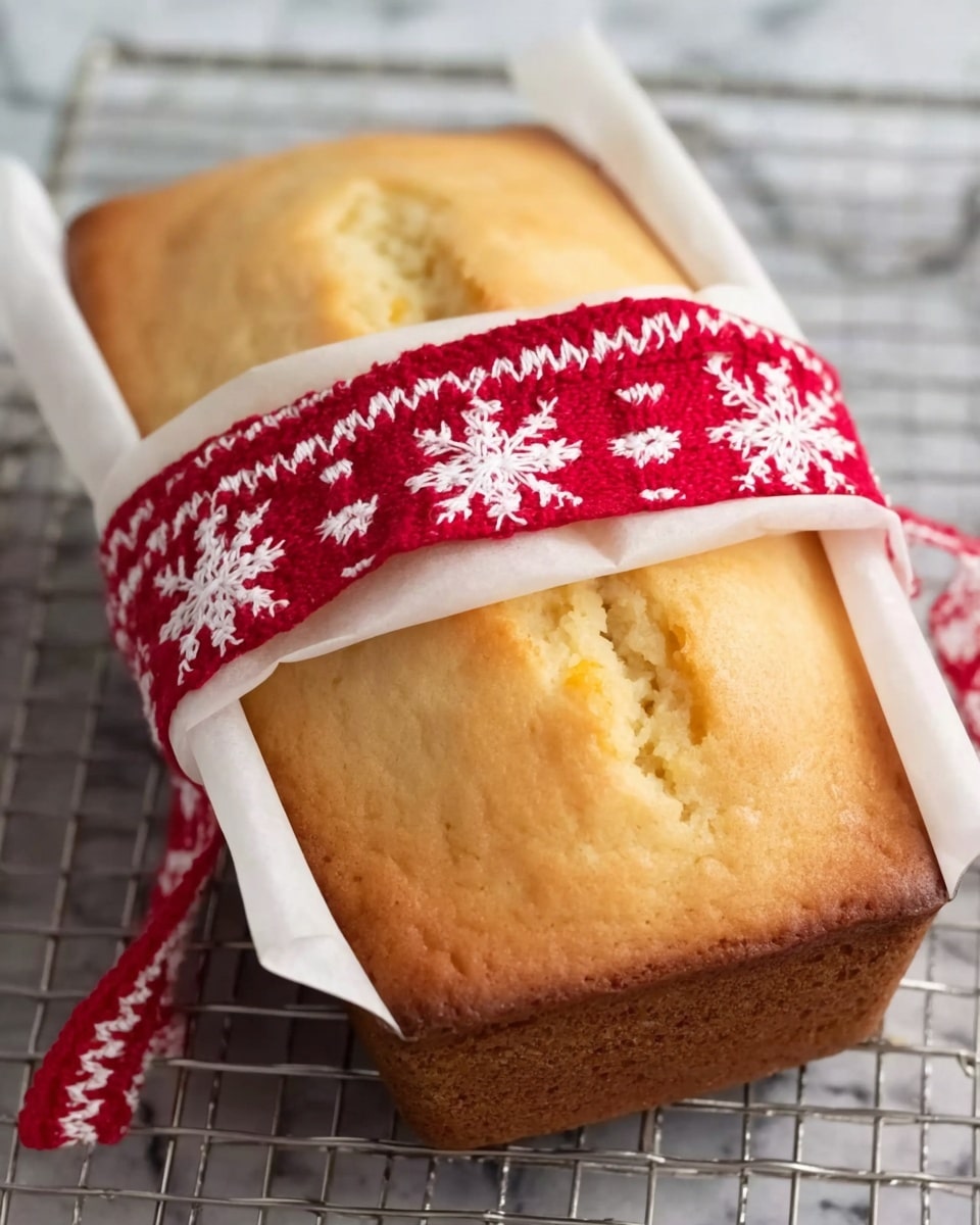 A light golden loaf cake with a smooth, slightly cracked top rests inside a white paper liner, tied with a red ribbon featuring white, knitted-patterned snowflakes wrapped around the middle of the cake. The cake is placed on a silver cooling rack with a white marbled background visible beneath. The edges of the cake show a gently browned crust, giving it a warm and homemade look. Photo taken with an iphone --ar 4:5 --v 7