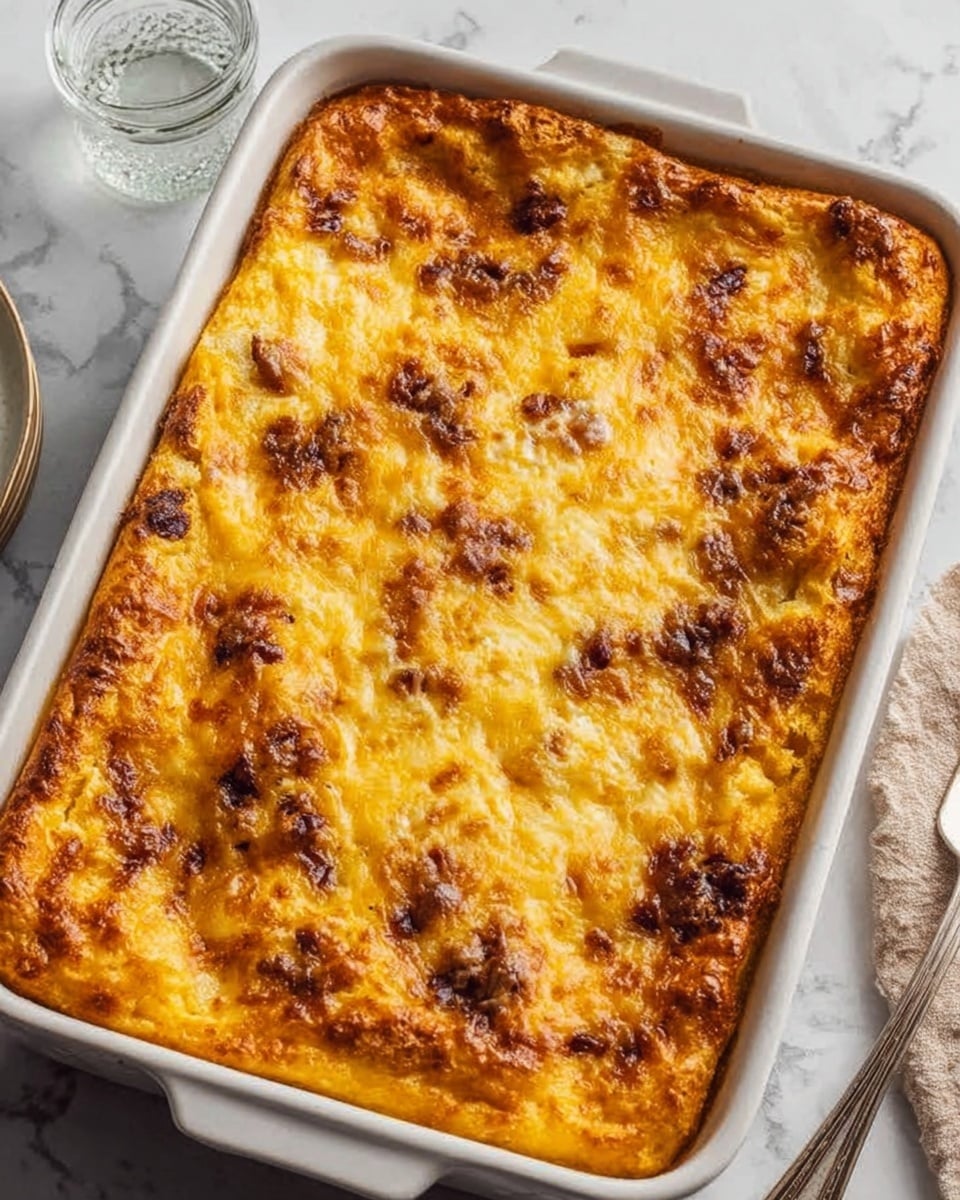 A white rectangular baking dish filled with a golden brown casserole. The top layer is bubbly and slightly crispy with darker spots showing melted cheese and bits of browned ingredients. The texture looks soft and creamy underneath the top crust. The dish sits on a white marbled surface with a small glass container and a silver fork nearby. The colors are warm yellows and browns, giving a cozy cooked look. photo taken with an iphone --ar 4:5 --v 7