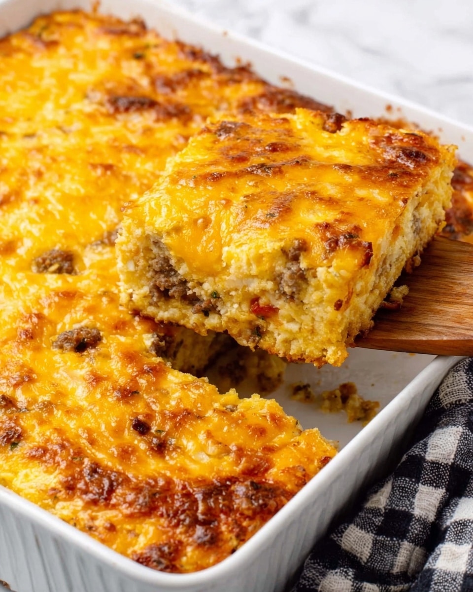 The image shows a white rectangular baking dish filled with a cheesy casserole that has a golden brown top layer of melted cheese with some crispy spots. One square piece has been taken out and is being lifted by a wooden spatula, revealing the inside layers that appear moist and filled with small bits of ingredients, possibly meat and vegetables mixed with cheese. The top layer is thick and bubbly, with a rich yellow-orange color, while the inside layers look softer with a mix of tan and light brown hues. The dish is set on a white marbled surface with a black and white checked cloth partially visible near the dish. A woman's hand is shown holding the wooden spatula lifting the piece. photo taken with an iphone --ar 4:5 --v 7