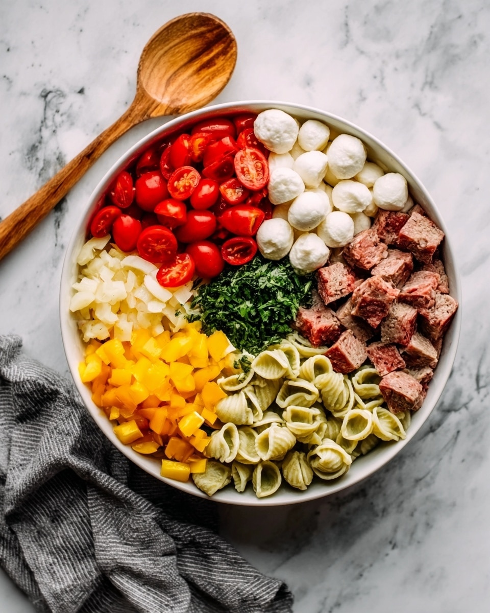 The image shows a white bowl filled with six different colorful ingredients arranged in separate sections. Starting from the top left, there are halved cherry tomatoes in bright red, followed by small white cheese cubes on the top center. To the right of the cheese, there are small pieces of yellow bell pepper. Below the yellow peppers, there are diced pieces of cooked meat with a slightly browned surface. On the bottom left, there are folded tortellini pasta in a pale beige color. Finally, in the middle of the bowl, finely chopped green herbs are placed. A wooden spoon lies next to the bowl on a white marbled surface with a gray and white striped cloth nearby. Photo taken with an iphone --ar 4:5 --v 7