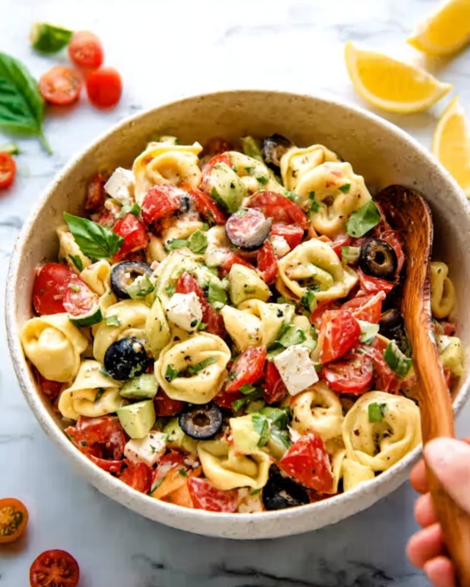 The image shows a white bowl full of colorful tortellini pasta salad. The salad has three main layers: the bottom layer made of creamy yellow tortellini shaped like small rings; the middle layer has bright red cherry tomato halves and black olive slices scattered around; the top layer is sprinkled with green pieces of chopped basil and small white cheese cubes. A wooden spoon is placed inside the bowl on the right side, and a woman's hand is holding it. The bowl is on a white marbled surface, with some scattered cherry tomatoes and lemon slices in the background, giving a fresh and vibrant look. photo taken with an iphone --ar 4:5 --v 7
