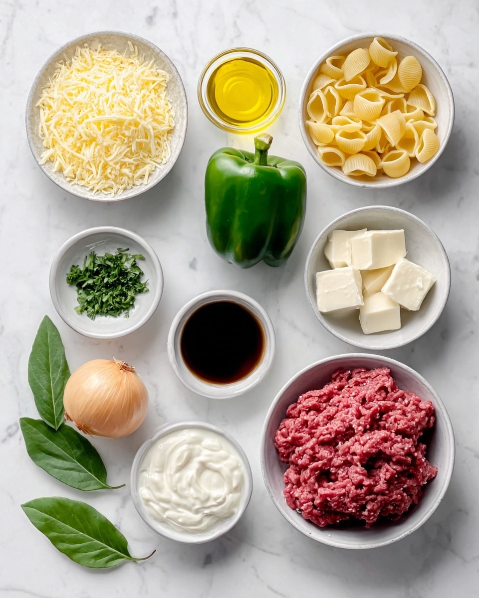 The image shows various small white bowls and plates arranged neatly on a white marbled surface, each holding different ingredients for a meal. There is a white bowl filled with shredded cheese in the top left, next to a small bowl of yellow olive oil and a whole green bell pepper. Below, two green leaves rest on the surface beside a white bowl with butter cubes and another bowl with uncooked shell pasta. Nearby, fresh parsley bits, a small bowl of cream, dark brown sauce, and a white bowl of sour cream are lined up. At the bottom right, a larger white bowl is filled with raw ground beef, and a small whole yellow onion is placed beside it. The overall look is clean and organized with clear colors and textures. photo taken with an iphone --ar 4:5 --v 7