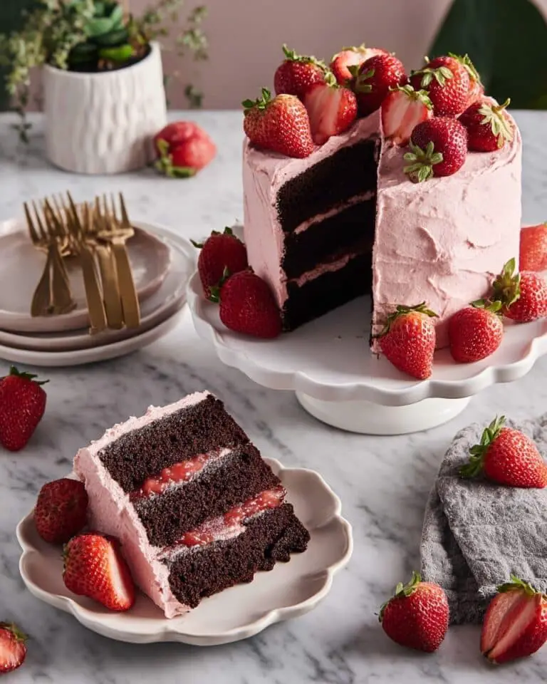 Strawberry Chocolate Cake with Cream Cheese Frosting and Fresh Strawberry Garnish Recipe