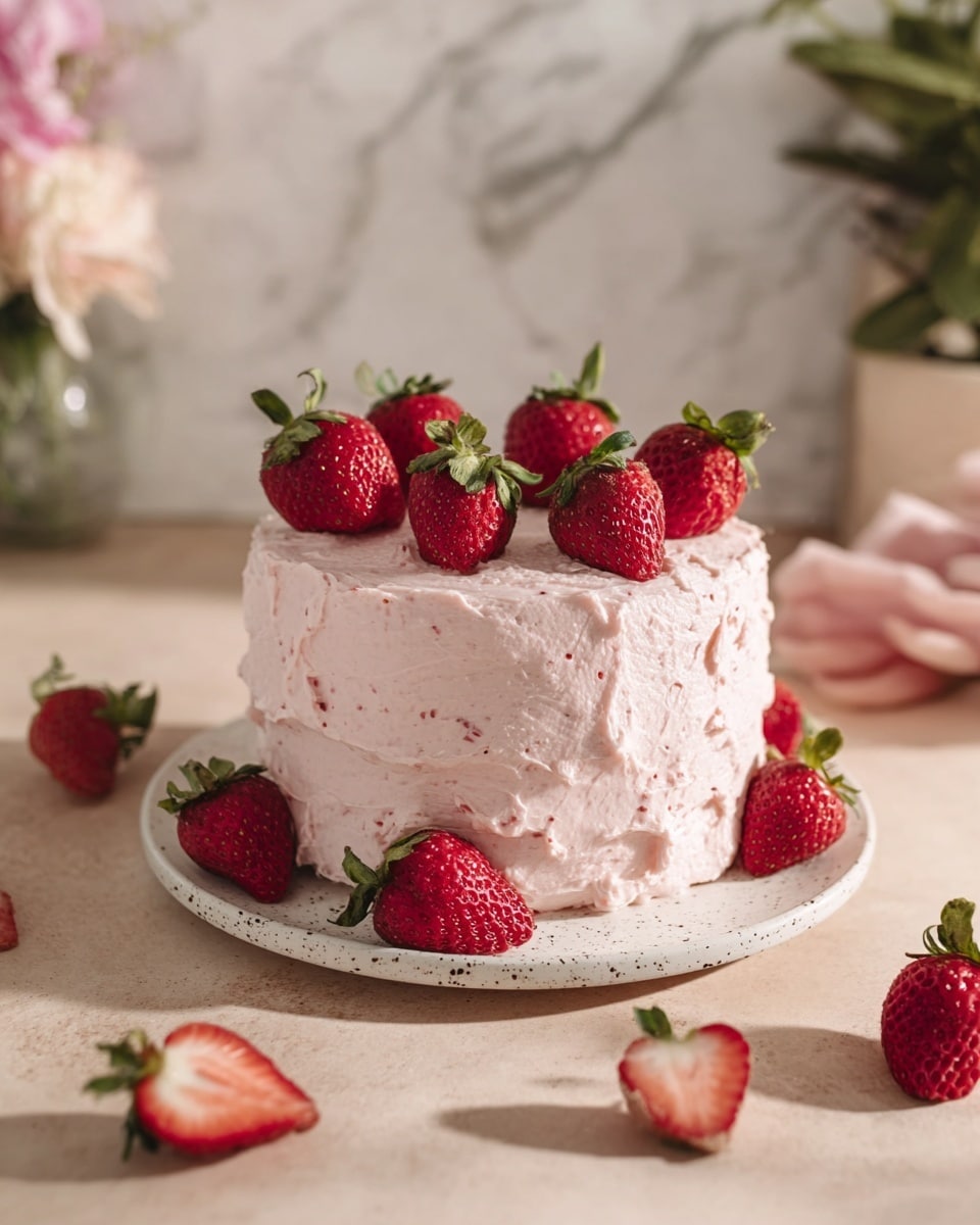 A small round cake with two visible layers covered in light pink, creamy frosting that has a soft, slightly rough texture. Whole red strawberries with green tops are placed evenly around the sides and on top of the cake. The cake sits on a white speckled plate, surrounded by fresh whole and halved strawberries on a beige surface with soft natural light. The background shows a white marbled texture with some blurred green plants and soft pink flowers. Photo taken with an iphone --ar 4:5 --v 7