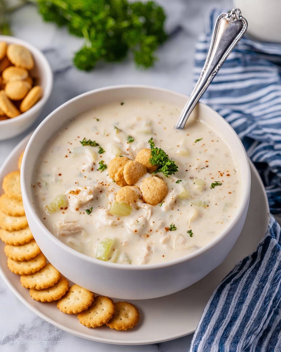 A white bowl filled with creamy soup that has a thick white base with visible small bits of celery and chicken pieces. The soup is topped with several small round golden crackers scattered on top. A silver spoon rests inside the bowl, and the bowl sits on a white plate. Around the bowl, there are more round crackers on a white marbled surface, with a small white bowl of extra crackers and some green parsley for garnish on the side, along with a blue and white striped cloth. The photo taken with an iphone --ar 4:5 --v 7