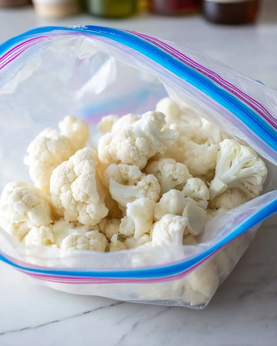 A clear plastic zipper bag filled with raw white cauliflower florets sits slightly open on a white marbled surface. The florets show their rough texture with small bumps and a soft, creamy white color. The bag edges display a blue and pink zipper seal, and blurred background elements hint at kitchen items like bottles but remain out of focus. Photo taken with an iphone --ar 4:5 --v 7