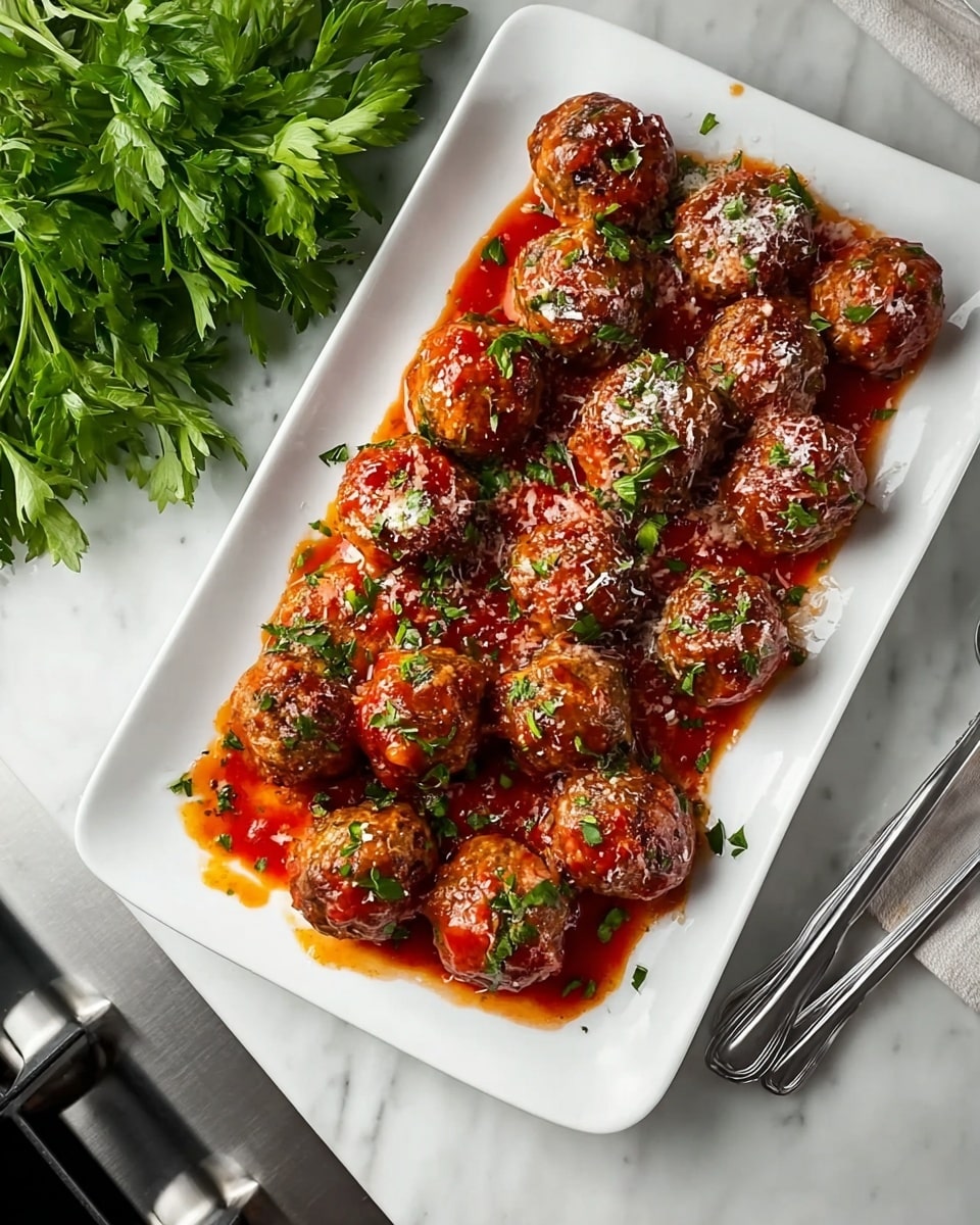 The image shows a white rectangular plate filled with two layers of round meatballs covered in a shiny red sauce. The meatballs have a textured, slightly rough surface, and they are sprinkled with finely chopped green herbs and a light dusting of grated cheese on top. The plate is placed on a white marbled surface next to a metal fork and part of a stove. There is a bunch of fresh green parsley on the left side adding a fresh touch. photo taken with an iphone --ar 4:5 --v 7
