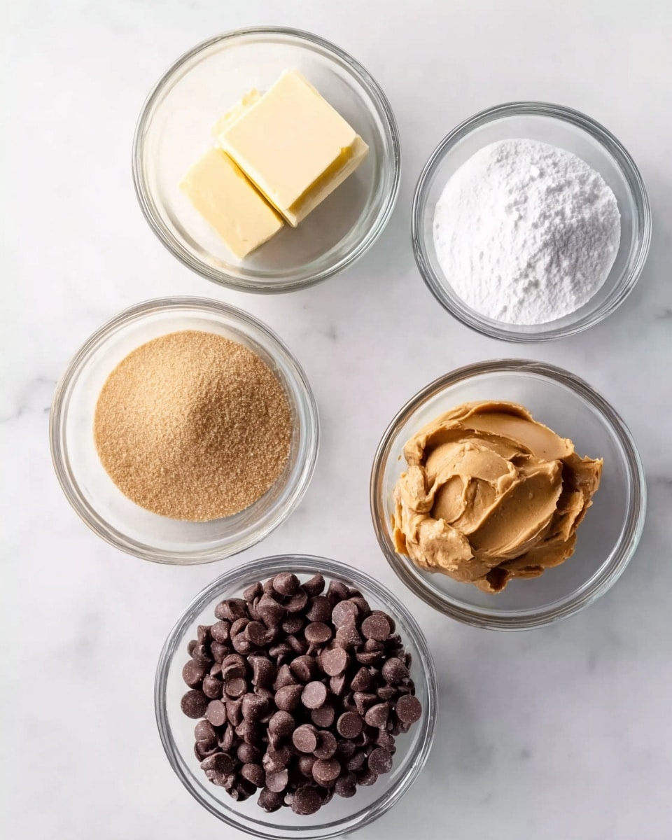 The image shows five clear glass bowls arranged on a white marbled surface. Each bowl holds a separate ingredient: the top left bowl has a small block of pale yellow butter, the top right bowl contains white powdered sugar, the middle left bowl is filled with light brown soft sugar, the middle right bowl holds a generous scoop of smooth, light brown peanut butter, and the bottom bowl is full of dark brown chocolate chips. The bowls are evenly spaced and the overall look is clean and simple, with a bright and natural light. Photo taken with an iphone --ar 4:5 --v 7