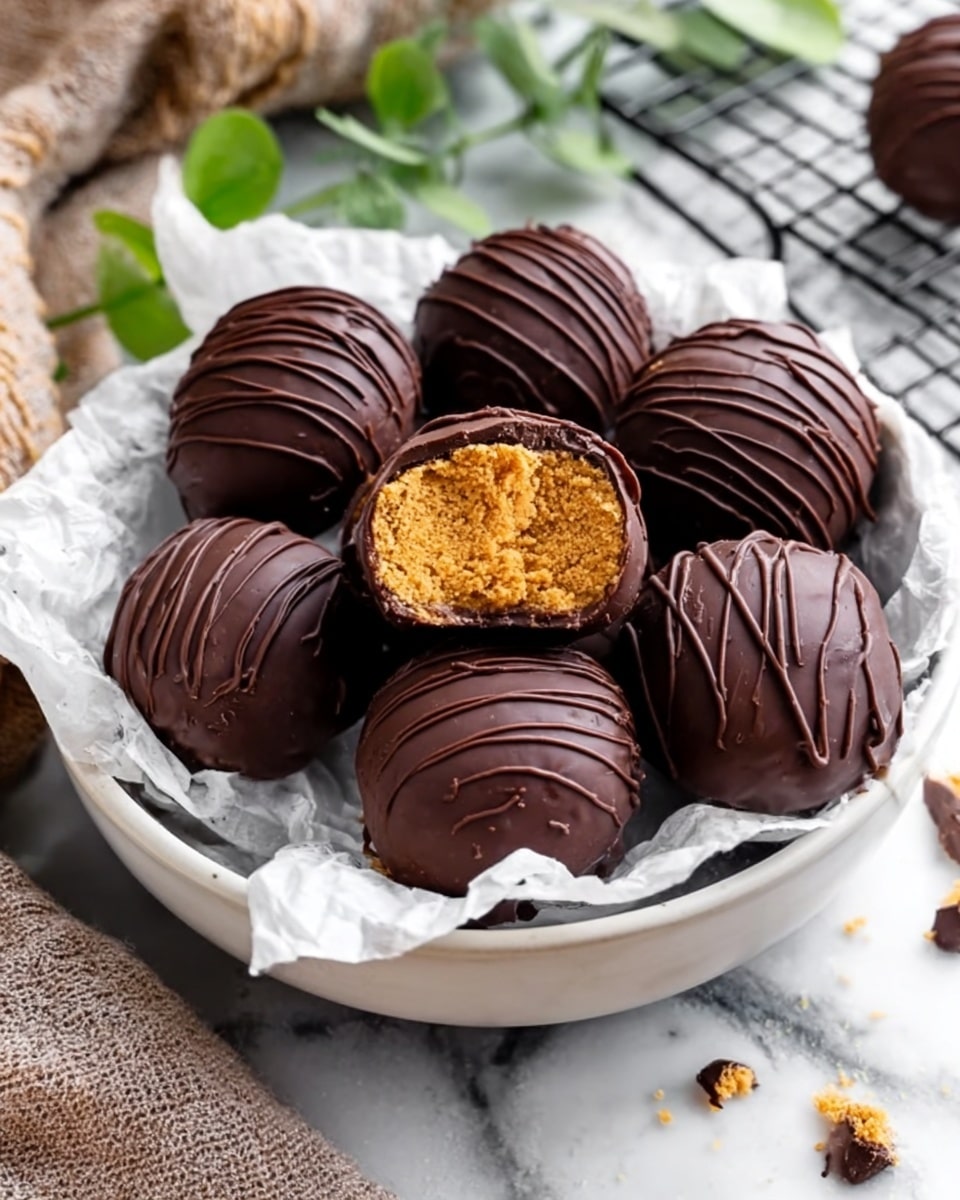 A white bowl filled with six round chocolate-covered treats placed on crumpled white paper. Each treat is coated with smooth, dark chocolate and has thin chocolate drizzle lines across the top, giving a textured look. One treat is cut open, showing a soft, golden brown inside that contrasts with the dark chocolate outside. The bowl sits on a white marbled surface with a woman's hand reaching from the side, lightly touching the bowl. The background includes blurred objects like a wire rack and green leaves, adding depth to the image, photo taken with an iphone --ar 4:5 --v 7