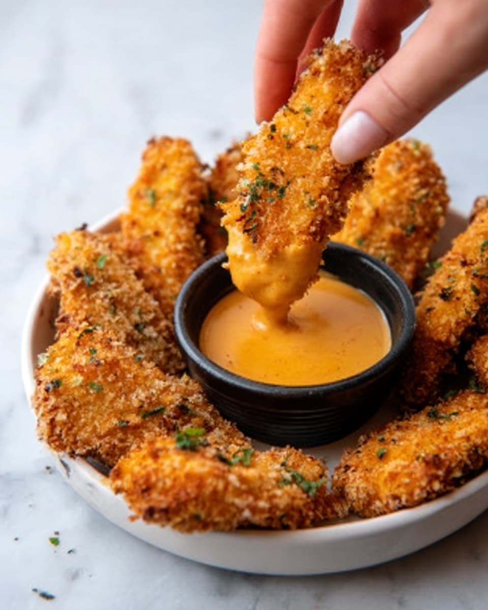A close-up of a white bowl filled with golden-brown crispy chicken strips arranged around a small black dipping bowl filled with creamy orange sauce in the center. A woman's hand is picking up one of the chicken strips, dipping it into the sauce, showing the crunchy texture covered with small green herb pieces. The background is a white marbled surface that adds brightness to the warm colors of the food. photo taken with an iphone --ar 4:5 --v 7
