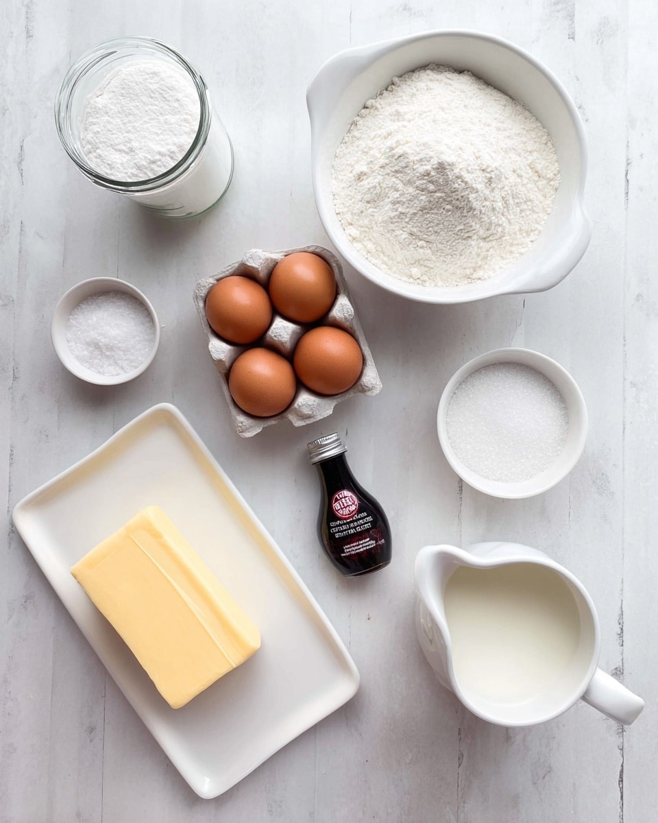 The image shows baking ingredients neatly arranged on a white marbled surface. In the top left corner, there is a clear glass jar filled with white powder, likely baking soda or flour. To the right, a white bowl filled with flour sits near the top center. Below the jar, six brown eggs rest in a white egg holder. Next to the eggs, a small, round white bowl contains salt. Towards the center right, a small black bottle of vanilla extract is placed on the surface. Near the center right, another small white bowl filled with white granulated sugar is visible. In the bottom left corner, a white rectangular plate holds a stick of yellow butter. Lastly, in the bottom right corner, a white ceramic pitcher contains milk. The items are spaced out evenly, showcasing a tidy and clean setup. Photo taken with an iphone --ar 4:5 --v 7
