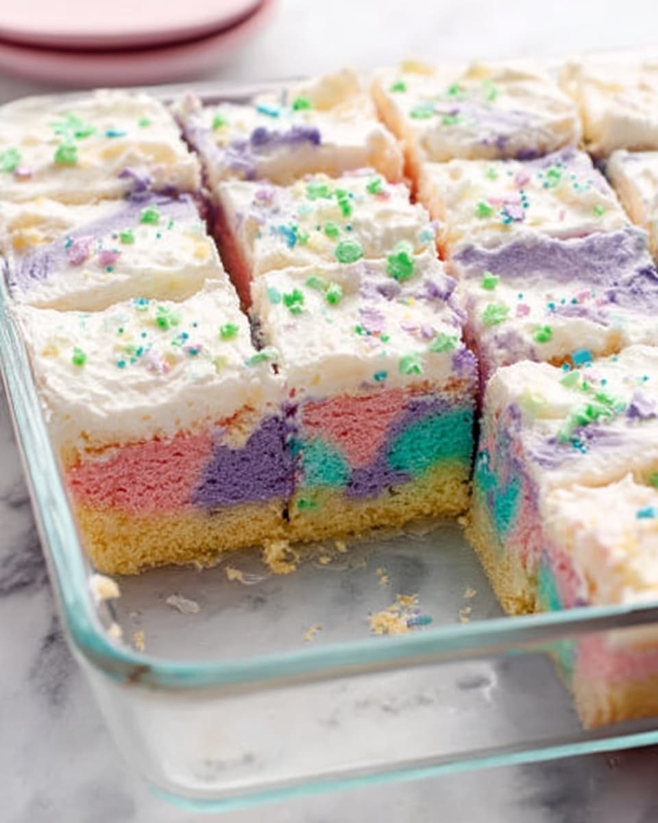 The image shows a clear glass baking dish filled with a thick, creamy layer of white frosting on top. Below the frosting is a colorful cake with visible layers of pink and blue-purple swirled together in a soft, spongy texture. The surface under the dish is white marble. The cake is cut into square pieces, one piece slightly pulled out to reveal the colorful interior clearly. Some green and purple sprinkles are lightly spread on top of the frosting. Photo taken with an iphone --ar 4:5 --v 7