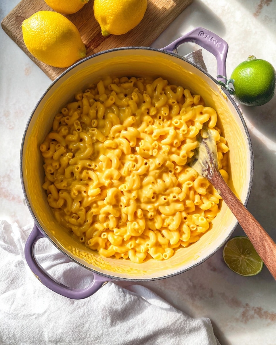 A large white pot filled with a creamy, bright orange macaroni dish made of small curved pasta, all covered in a smooth, cheesy sauce. There is a wooden spoon inside the pot resting near the edge with sauce on its tip. The pot has pale purple handles on both sides. Around the pot, on a white marbled surface, there are two whole yellow lemons at the top and one whole green lime near the lower right side. A white cloth is loosely placed under the pot extending to the lower left corner. Photo taken with an iphone --ar 4:5 --v 7