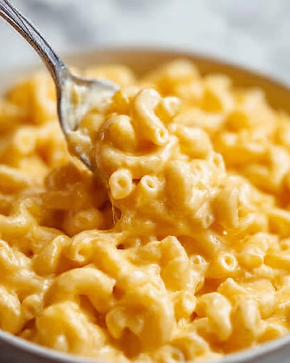 The image shows a close-up of creamy macaroni and cheese with small pasta shapes covered in melted, shiny yellow cheese. A spoon held by a woman's hand lifts some of the pasta, showing the smooth cheese sauce coating each piece. The background is a soft white marbled texture, focusing the view on the rich and creamy macaroni. photo taken with an iphone --ar 4:5 --v 7