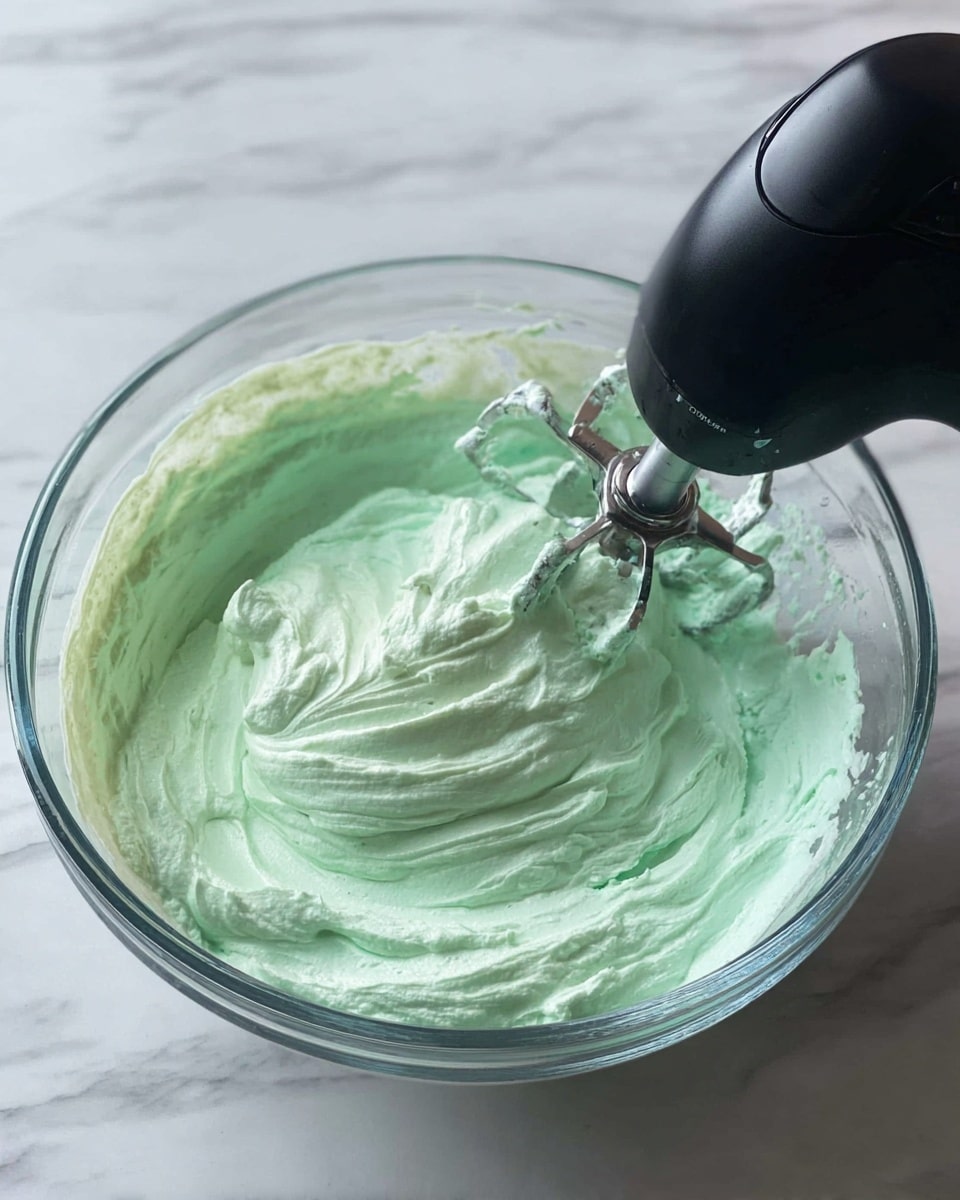 A clear glass bowl filled with a thick, smooth, pale green whipped mixture being blended by a black hand mixer with silver beaters. The mixture has soft swirls and peaks, showing a creamy texture. The bowl is placed on a white marbled surface. Photo taken with an iphone --ar 4:5 --v 7