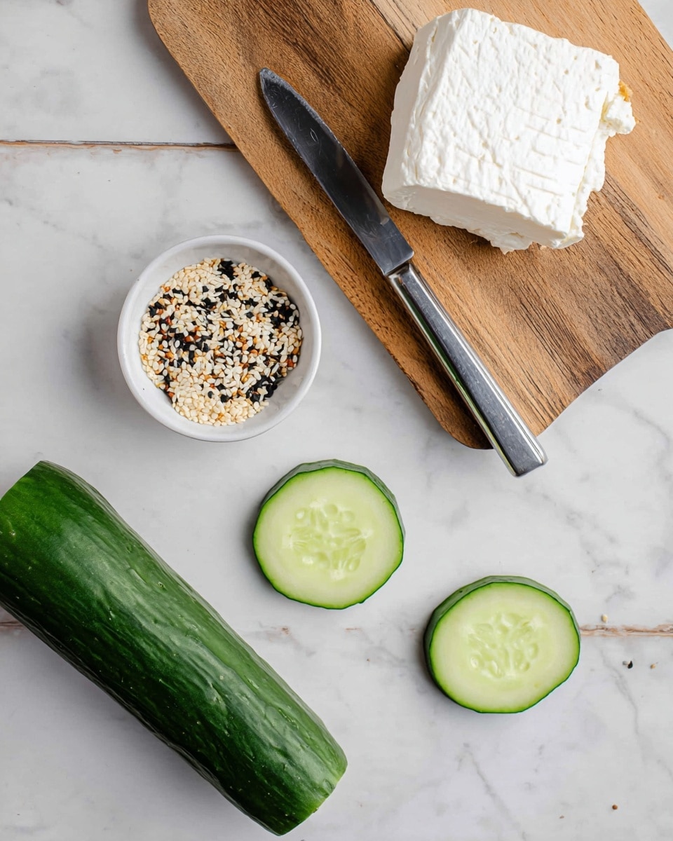 The image shows a wooden cutting board on a white marbled surface with a block of soft white cheese on the top right corner of the board. Below the cheese, there are two round cucumber slices with a light green center and dark green edges placed on the board and one slice just outside the board to the right. A shiny silver knife with a black handle lies flat on the white marbled surface to the left of a small white bowl filled with a mix of black and white sesame seeds and other spices. Another longer piece of cucumber is on the left of the knife. Photo taken with an iphone --ar 4:5 --v 7