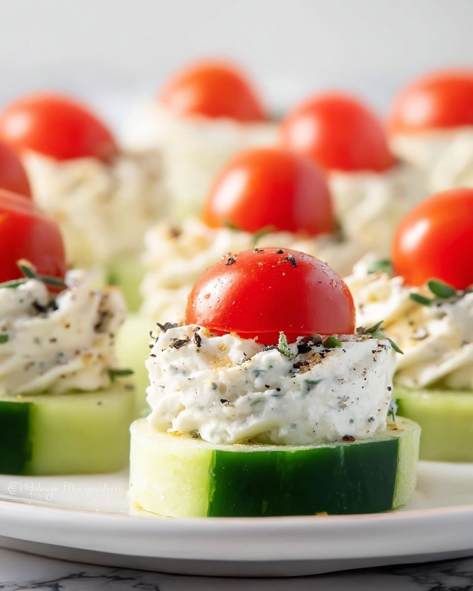 The image shows a close-up of small appetizer bites arranged on a white plate with a white marbled surface underneath. Each bite has three layers: the bottom layer is a thick round slice of cucumber with green skin on the sides and a light green inside; the middle layer is a swirl of white creamy cheese sprinkled lightly with black pepper and herbs; on top, there is a bright red half cherry tomato with a slightly shiny, smooth texture. The bites are neat and evenly spaced, with blurred similar bites visible in the background. Photo taken with an iphone --ar 4:5 --v 7