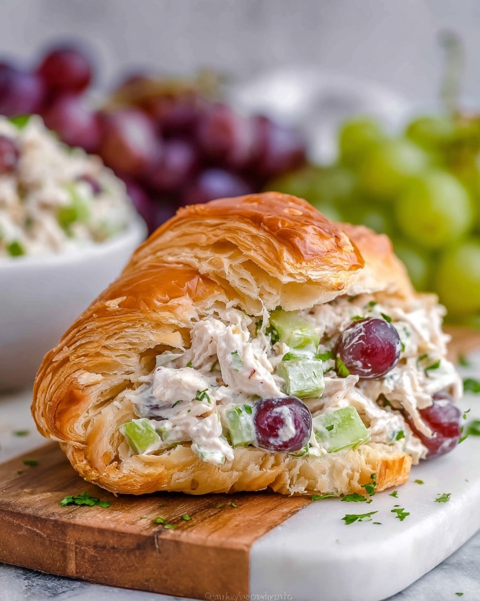 A clear glass bowl filled with a chicken salad, showing mixed white chunks of chicken, green celery pieces, and halved red grapes with purple interior, all coated in a creamy dressing. The salad is mixed with small bits of green herbs and tiny bits of onion. The bowl is placed on a wooden board that rests on a white marbled surface, with some parsley leaves near the board and a bunch of red grapes in the top left corner. A blue and white cloth is partially visible at the bottom left. photo taken with an iphone --ar 4:5 --v 7