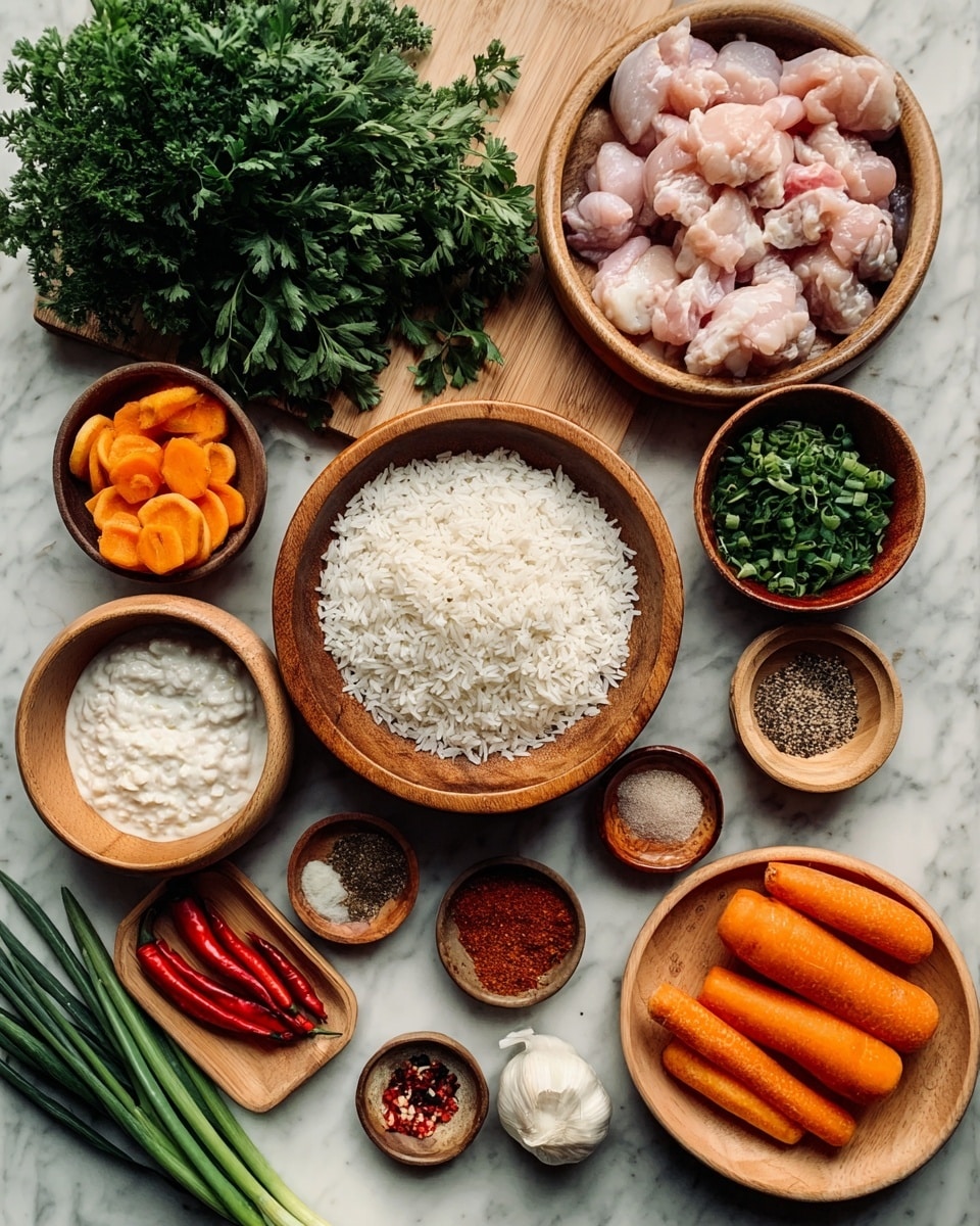 The image shows a wooden table with a white marbled surface background, where several wooden bowls and plates are arranged neatly. At the center is a wooden bowl filled with white rice, surrounded by other bowls and plates containing different ingredients. To the top right, a bowl holds raw chicken pieces along with sliced orange carrot pieces. Below this, there are fresh parsley leaves and a small bowl with ground spices. To the left, a large bunch of fresh green parsley rests next to red chili peppers and a white plate holding a creamy white substance. At the bottom, fresh whole carrots and green onions are laid out, while small bowls with various spices and minced garlic are scattered around. The colors include the white rice, pink chicken, bright orange carrots, dark green parsley, and red chili peppers, all set against the soft texture of wooden bowls. photo taken with an iphone --ar 4:5 --v 7
