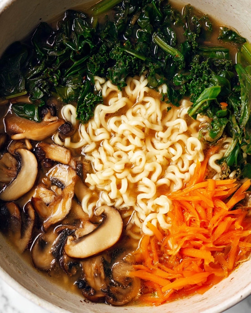 The image shows a close-up of a bowl of noodle soup with four main sections. One section has light brown, sliced mushrooms with a slightly shiny texture. Next to it, the off-white curly noodles sit in a light broth that looks warm and soft. A third section shows dark green leafy vegetables with a slightly wet, fresh look. The last section has thin, shredded pieces of bright orange vegetables mixed with the greens. The soup looks vibrant and colorful, all placed on a white marbled surface, photo taken with an iphone --ar 4:5 --v 7