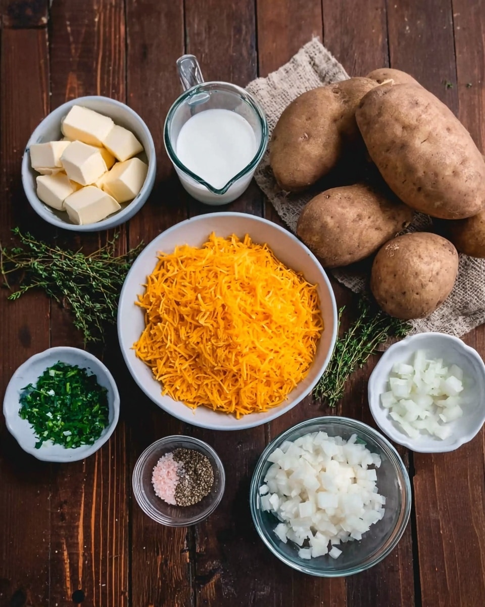 The image shows several ingredients arranged on a dark wooden surface. There is a round white bowl filled with bright orange shredded cheese on the left side. Behind it, a white bowl contains three whole brown potatoes. To the right, there's a clear glass pitcher filled with a white liquid, possibly milk or cream. In front of the pitcher, a small white bowl holds finely chopped green herbs. Next to it, another small white bowl contains grains of salt and black pepper. Near the front center, a clear glass bowl holds three white cubes of butter. On the lower left, a small white bowl has a brownish mustard paste. In the middle, a small white bowl contains finely chopped white onions, and some green sprigs of thyme lay on the surface in front of these bowls. The surface should be changed to white marble. Photo taken with an iphone --ar 4:5 --v 7