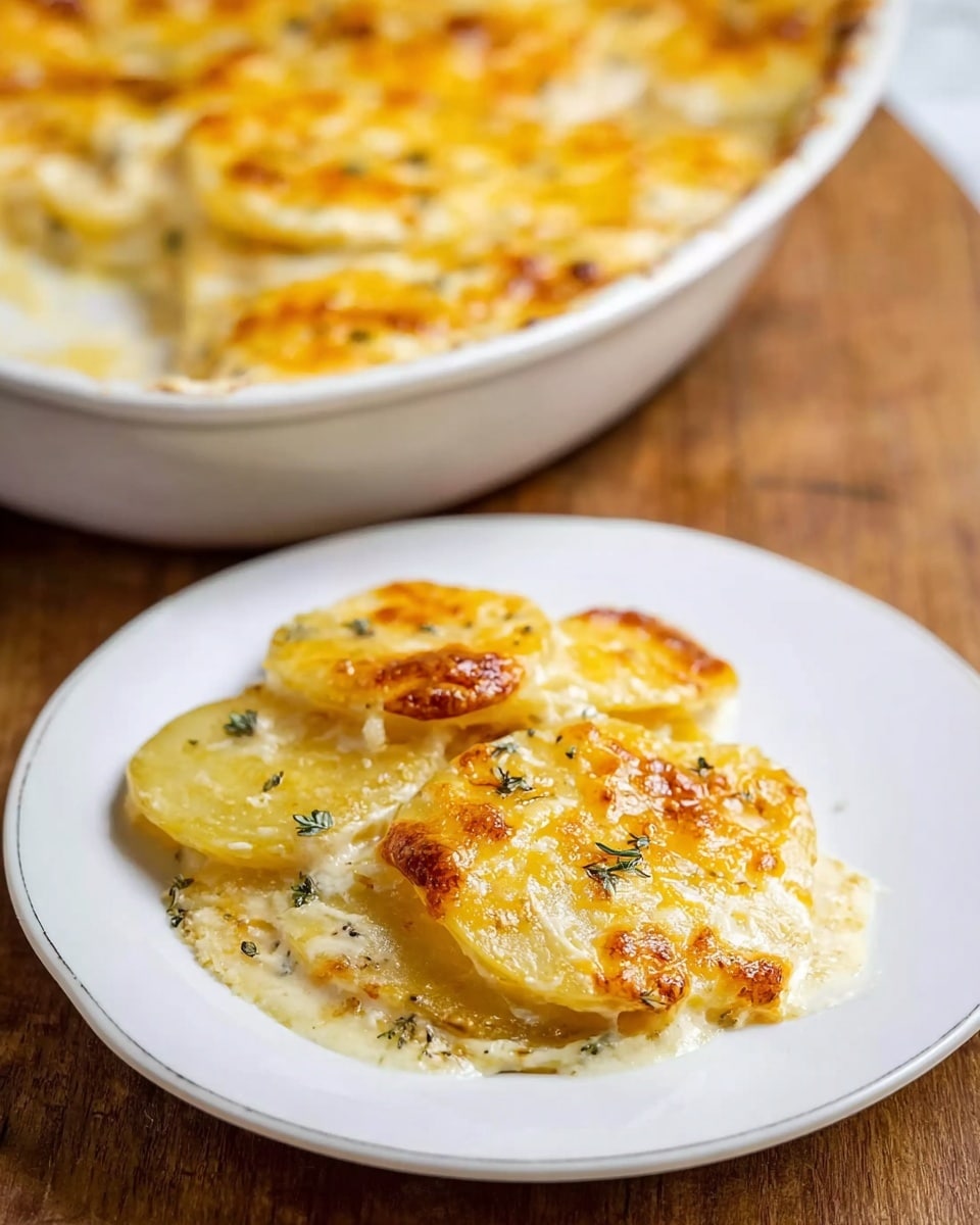 The image shows a white plate with a creamy, cheesy scalloped potato dish. There are several round layers of soft potatoes, covered in a golden brown melted cheese topping with some browned spots. The cheese looks smooth and slightly bubbly, mixing with a creamy white sauce that seeps around the potato slices. In the background, there is a white baking dish filled with the same cheesy potato layers, showing a golden top crust. The plate and baking dish rest on a wooden surface, but the overall scene is bright and warm. Photo taken with an iphone --ar 4:5 --v 7