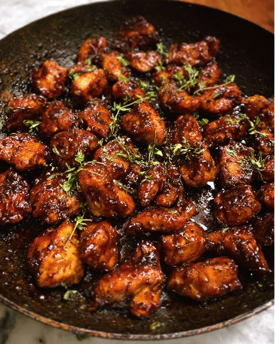 The image shows many small chicken pieces cooked in a dark pan, covered evenly with a shiny, dark brown sauce. The chicken pieces look caramelized and slightly crispy on the outside, with some small green herbs sprinkled on top for color contrast. The surface beneath the pan is a white marbled texture. The photo taken with an iphone --ar 4:5 --v 7