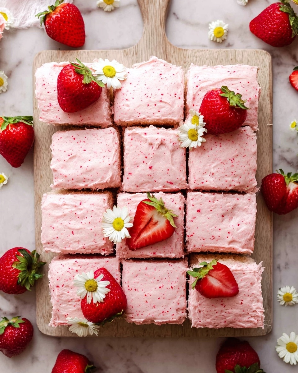 A square cake is cut into twelve pieces arranged in a 3 by 4 grid on a light wooden board over a white marbled surface. Each piece has a thick layer of smooth, light pink frosting with small red speckles spread evenly on top. The cake inside is a soft pale pink, matching the frosting. Three pieces are decorated with fresh red strawberries and small white daisies with yellow centers placed on top. Whole and halved strawberries, along with more daisies, are scattered around the cake and nearby. Photo taken with an iphone --ar 4:5 --v 7