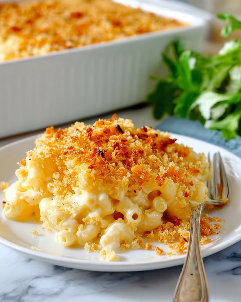 A serving of macaroni and cheese sits on a white plate, showing two main layers: a creamy lower layer made of tender elbow pasta coated in a smooth, pale yellow cheese sauce, and a golden-brown crumbly top layer with crispy baked breadcrumbs scattered unevenly, giving texture contrast. The plate is on a white marbled surface with a silver fork resting beside the food. In the background, there is a white baking dish filled with more of the macaroni and cheese, partially visible and also topped with the crispy breadcrumbs, and a blurred green leafy garnish. Photo taken with an iphone --ar 4:5 --v 7