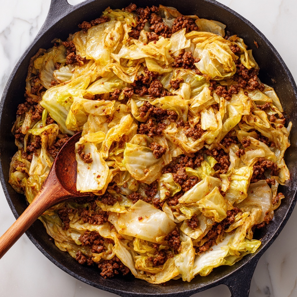A close-up view shows a black cast iron pan filled with cooked egg noodles mixed with browned ground meat, creating a textured, warm dish. The egg noodles are light golden-yellow with slightly crisped edges, folded and layered unevenly across the pan. The browned meat is rich brown with a soft, crumbly texture, spread throughout the noodles. A wooden spoon rests inside the pan toward the left side, partially lifting some noodles. The background features a white marbled surface, adding a clean contrast to the warm colors of the food. Photo taken with an iphone --ar 4:5 --v 7