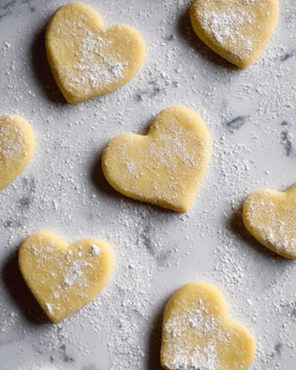 The image shows a white marbled surface with several heart-shaped cookie dough pieces spread out on it. The dough is light yellow with a smooth texture, and each heart has a thin dusting of white flour on top, giving a slightly powdery look. The hearts are evenly spaced, and the overall scene feels simple and clean. Photo taken with an iphone --ar 4:5 --v 7