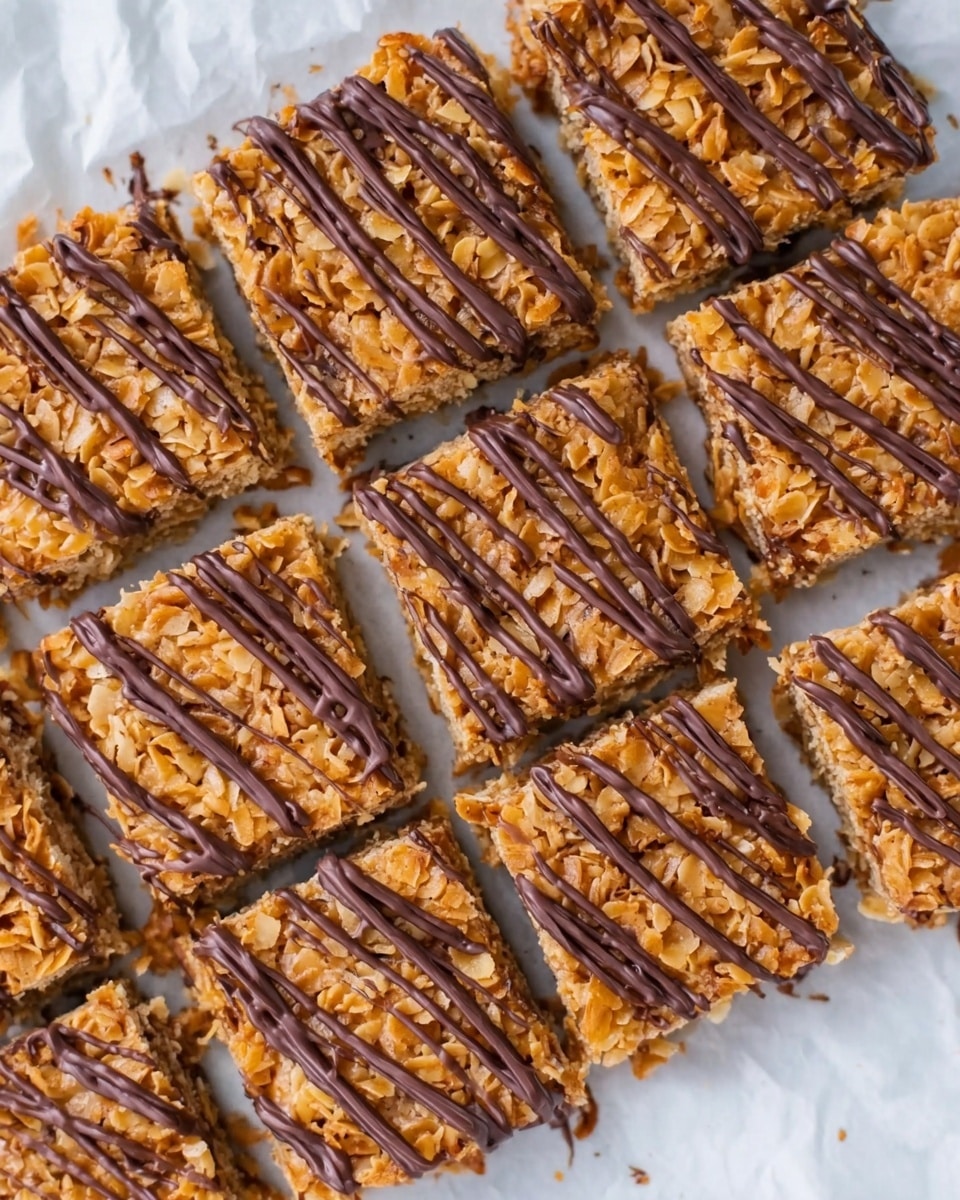 This image shows a batch of square-shaped bars arranged closely on white parchment paper placed on a white marbled surface. Each bar has a thick, rough layer made of golden brown toasted coconut flakes baked together, giving them a crunchy texture. On top, there are thin diagonal stripes of smooth, dark brown chocolate drizzled evenly over each bar. The bars are cut into neat rows and columns but still touching each other. The overall look is warm and inviting with a mix of crunchy and smooth elements. Photo taken with an iphone --ar 4:5 --v 7