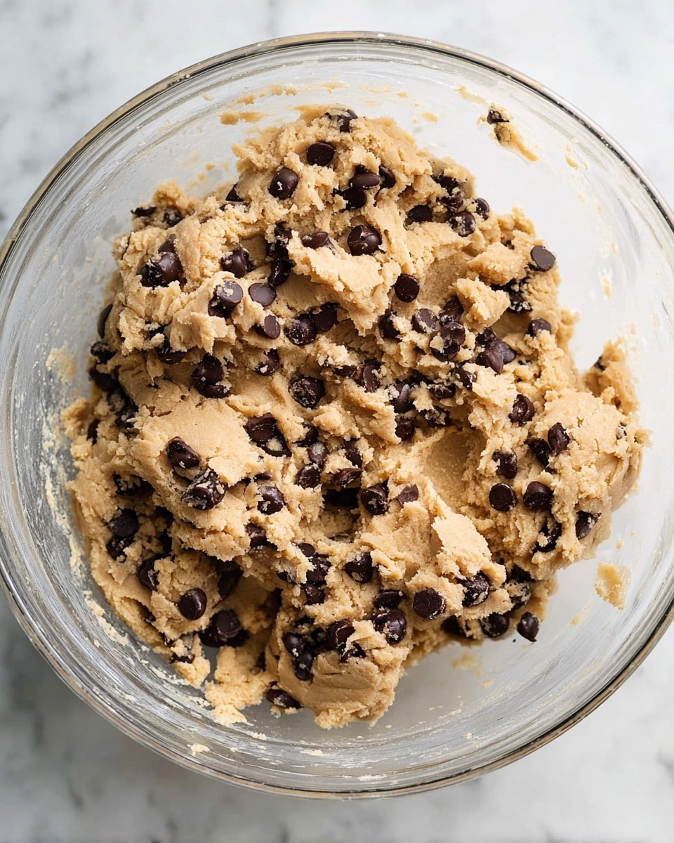 A clear glass bowl filled with thick, light brown cookie dough mixed with many dark chocolate chips spread throughout. The dough looks soft and slightly crumbly, with a rough texture that holds together in uneven clumps. The bowl sits on a white marbled surface, and the inside edges of the bowl have some dough stuck to them. photo taken with an iphone --ar 4:5 --v 7