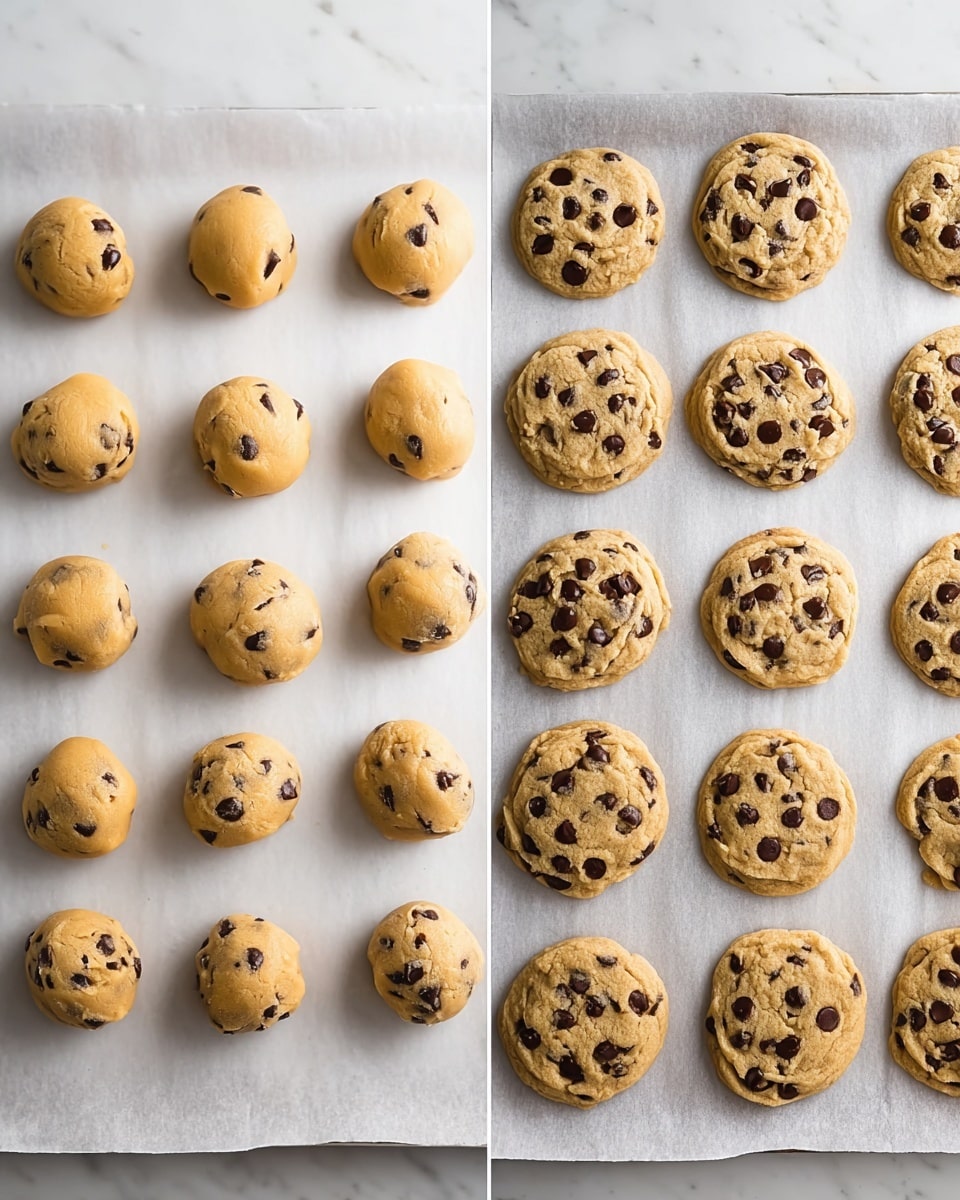 The image shows two stages of making chocolate chip cookies on a white marbled surface. On the left side, there are three rows of evenly spaced cookie dough balls, each light tan in color with dark brown chocolate chips embedded inside. On the right side, the same amount of cookies is baked into round flat shapes, light golden brown with darker brown chocolate chips visible on the surface, laid out in the same grid pattern on parchment paper. Photo taken with an iphone --ar 4:5 --v 7