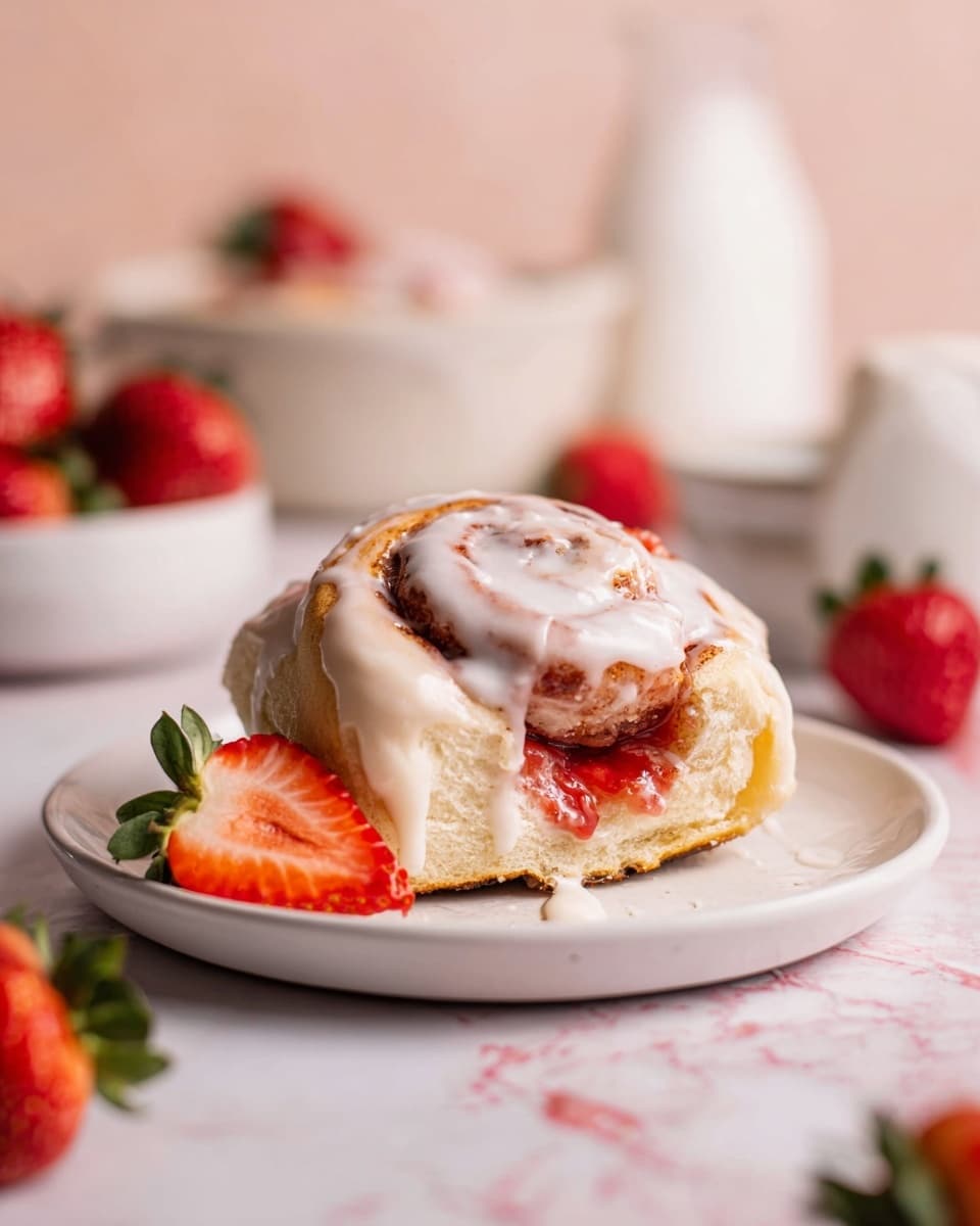 A soft cinnamon roll sits in the center of a white plate, its light golden-brown dough layered in a spiral with a visible filling of red strawberry jam oozing from the middle. The top of the roll is coated with a thick, white icing that drips slightly over the sides, creating a creamy texture. Next to the cinnamon roll, two halves of a fresh, bright red strawberry with green leaves rest on the plate, adding a fresh and colorful contrast. The plate is set on a light pink surface with scattered whole strawberries in the background, along with a blurred white bottle and bowl, all on a white marbled texture. photo taken with an iphone --ar 4:5 --v 7