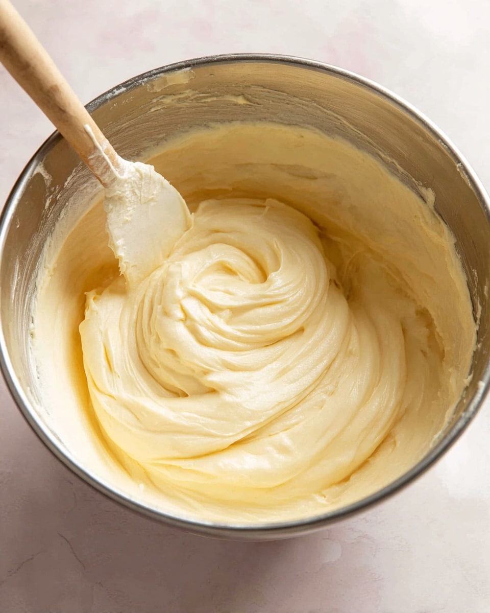A shiny metal bowl filled with smooth, creamy pale yellow batter that swirls in soft peaks and folds, showing a thick and airy texture. A wooden spatula is partly dipped into the batter on the left side of the bowl, with some batter sticking to it. The bowl is placed on a white marbled surface that adds a clean and bright background. Photo taken with an iphone --ar 4:5 --v 7