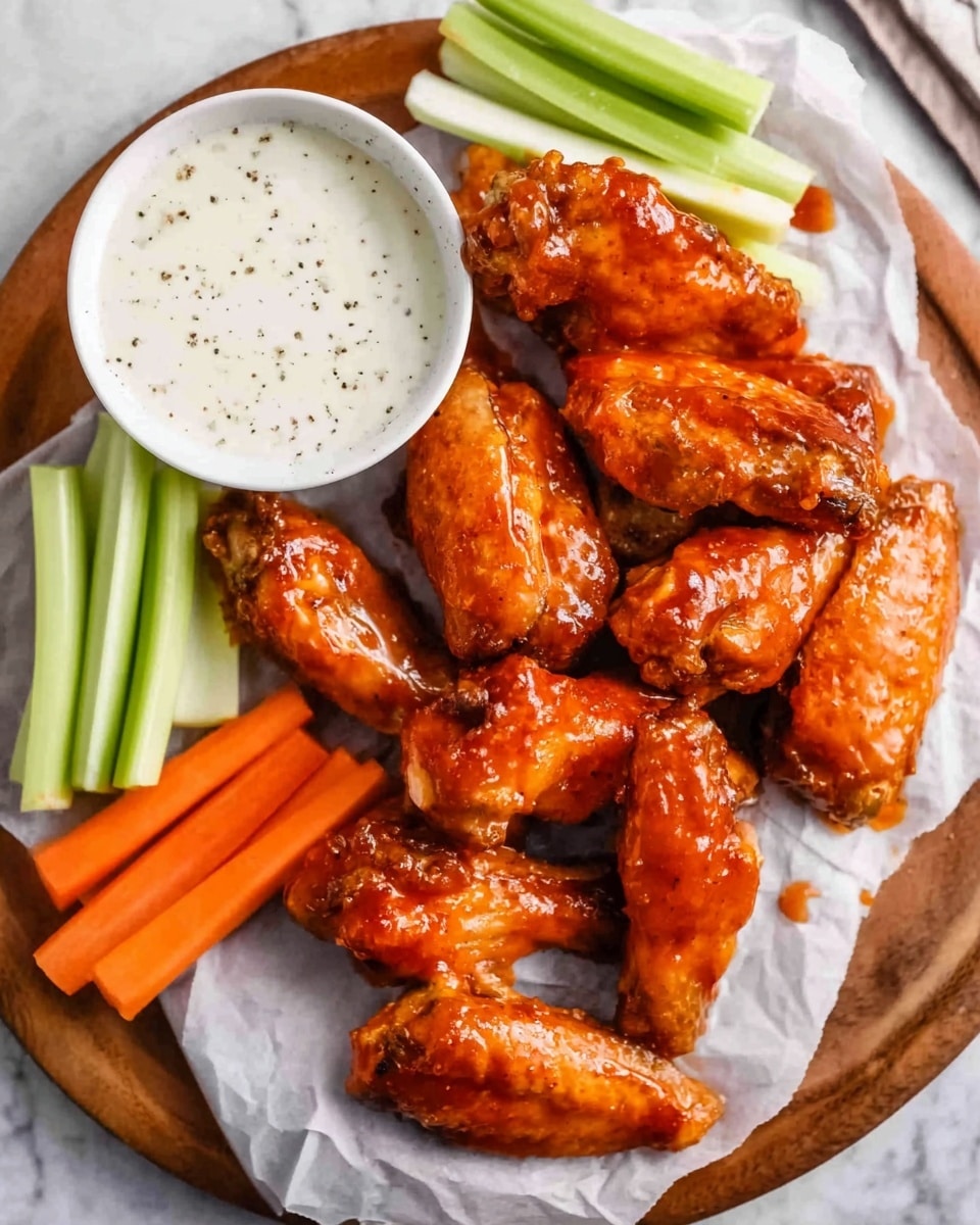 The image shows a white marbled surface with a round wooden board on top, lined with white parchment paper. On the paper, there are about nine pieces of orange-glazed chicken wings, some with a shiny, sticky sauce making them look juicy and tender. Around the wings, there are several bright orange carrot sticks and light green celery sticks arranged casually. At the top left side of the board, there is a white bowl filled with a creamy white sauce speckled with black pepper. The whole setup looks fresh and appetizing, with the colors of the vegetables balancing the warm tones of the wings and sauce. photo taken with an iphone --ar 4:5 --v 7