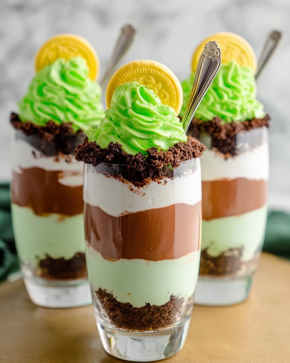 The image shows three tall clear glass cups filled with four distinct layers. The bottom layer is a pale green creamy base, smooth in texture. Above it is a thick, rich brown layer resembling chocolate mousse. The third layer is a thin white cream, even and smooth. On top, there is a layer of dark brown crumbly bits that look like crushed cookies. Each glass is topped with a swirl of bright green whipped cream and a yellow round cookie coin stuck into the whipped cream, with a shiny silver spoon placed inside each glass. The background is a white marbled texture. photo taken with an iphone --ar 4:5 --v 7
