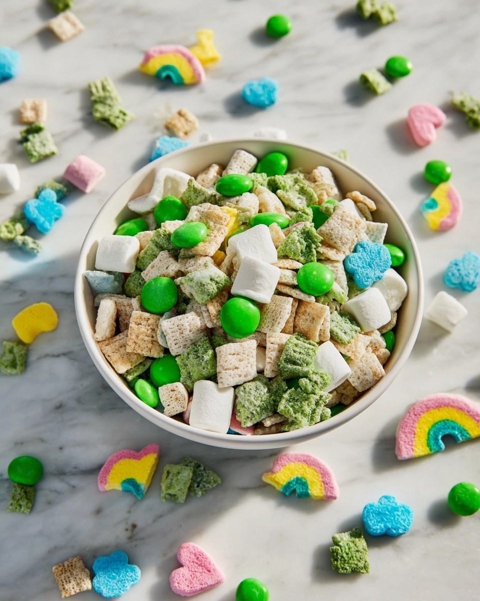 A white bowl filled with a mix of cereals and candies sits on a white marbled surface. The bowl holds three visible layers: the bottom and middle layers show square-shaped cereals, mostly white and green with a crunchy texture. Bright green round candies are scattered evenly across the top layer, along with small colorful marshmallow shapes, including blue clouds, yellow-green clovers, pink hearts, and rainbows in blue, yellow, and pink. Some pieces have spilled around the bowl on the surface, adding a playful touch. photo taken with an iphone --ar 4:5 --v 7
