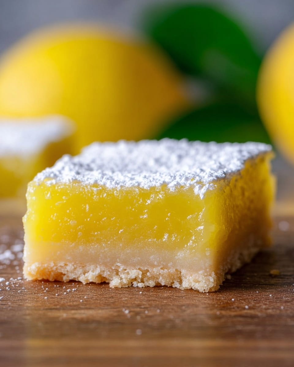The image shows a single square lemon bar with three visible layers. The bottom layer is a light, crumbly crust with a pale beige color. The middle layer is thick and bright yellow, smooth and glossy with a slightly translucent texture. The top layer is a dusting of white powdered sugar, thin and even, resting on top with some small clumps. The lemon bar is set on a brown wooden surface with a blurred yellow lemon and green leaves in the background. Photo taken with an iphone --ar 4:5 --v 7