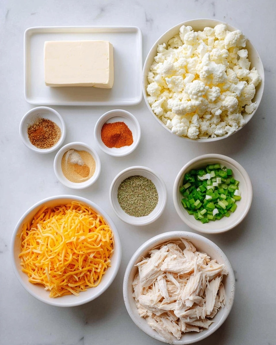 The image shows a white marbled surface with nine white bowls and plates arranged neatly. At the top left is a white rectangular plate holding a block of cream cheese. To the right is a large white bowl filled with finely chopped cauliflower. Below the block of cream cheese, there are six small white bowls in two columns, each containing different powders and spices in colors like off-white, yellow, brown, and green. In the center is a white bowl filled with bright orange shredded cheddar cheese. To the bottom right, there is a white bowl with shredded light beige cooked chicken, and next to it on the left is a smaller white bowl filled with chopped green onions. Photo taken with an iphone --ar 4:5 --v 7