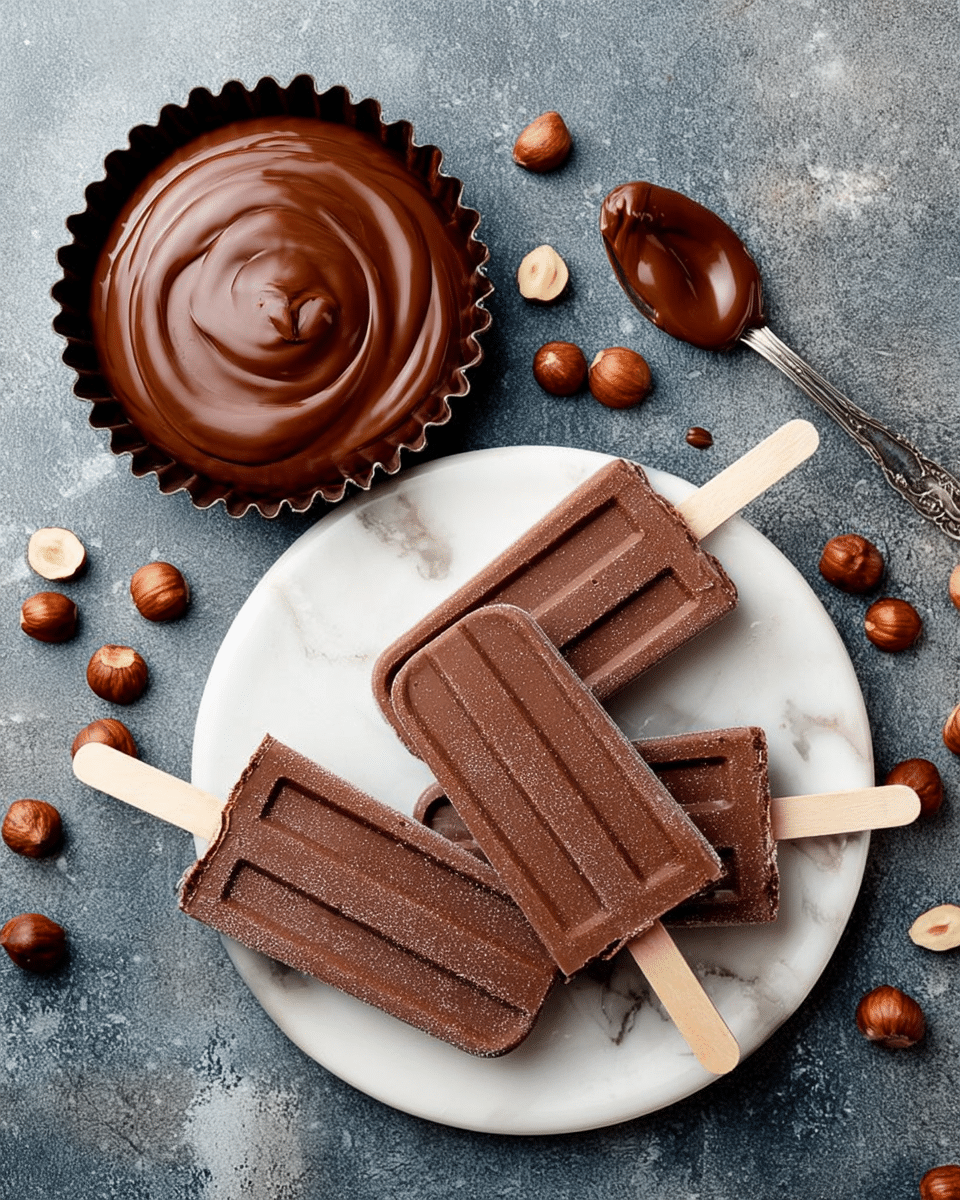 A white plate holds five chocolate popsicles stacked unevenly, each with a light frost on their smooth rich brown surfaces and wooden sticks pointing in different directions. Next to the plate, a dark brown round tart tin is filled with glossy melted chocolate with a swirl pattern on top. A silver spoon with some melted chocolate lies nearby, surrounded by whole and broken hazelnuts scattered on a white marbled surface. photo taken with an iphone --ar 4:5 --v 7